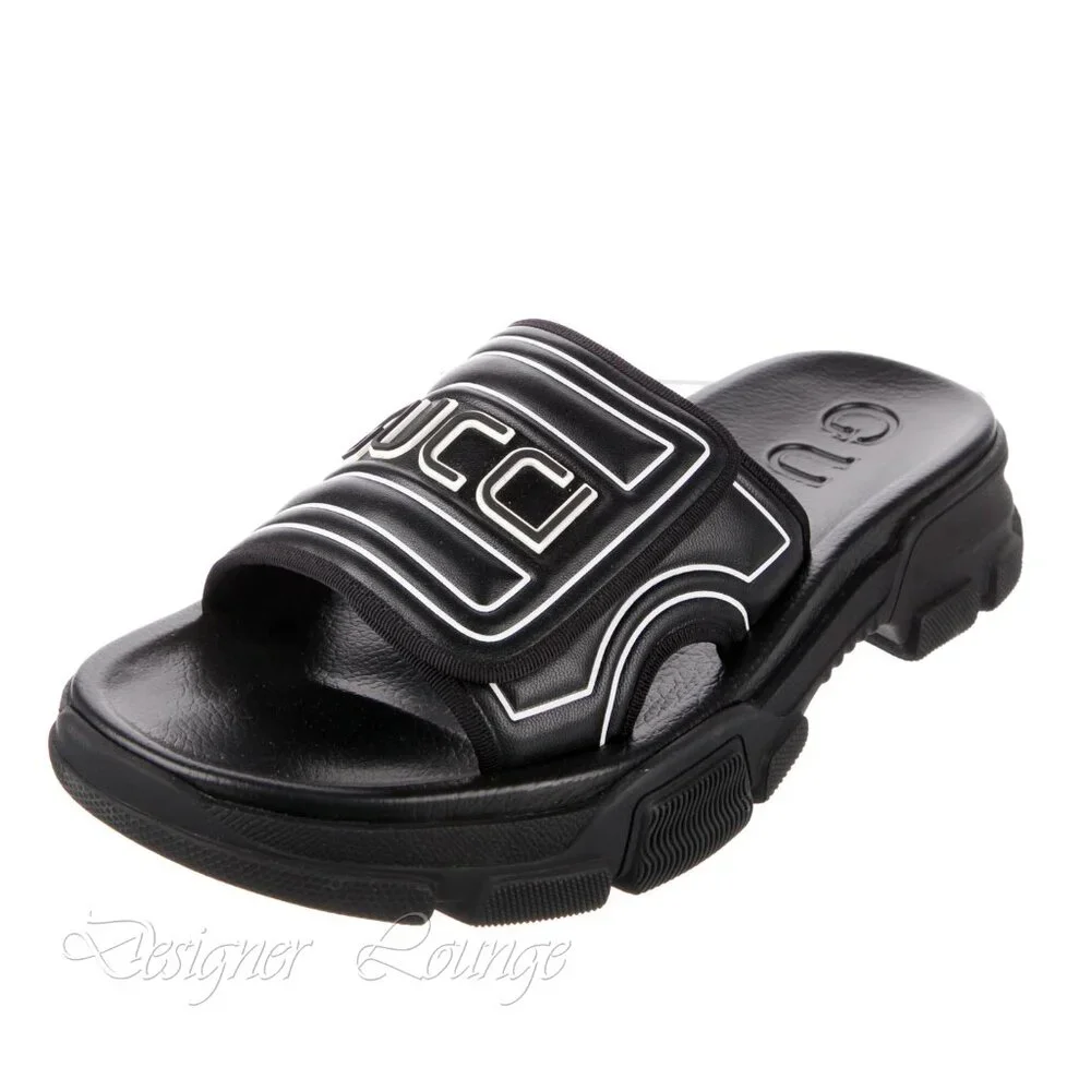 NEW GUCCI Aguru Black Leather & Rubber Logo Sandals Slides G 11 / US 11.5